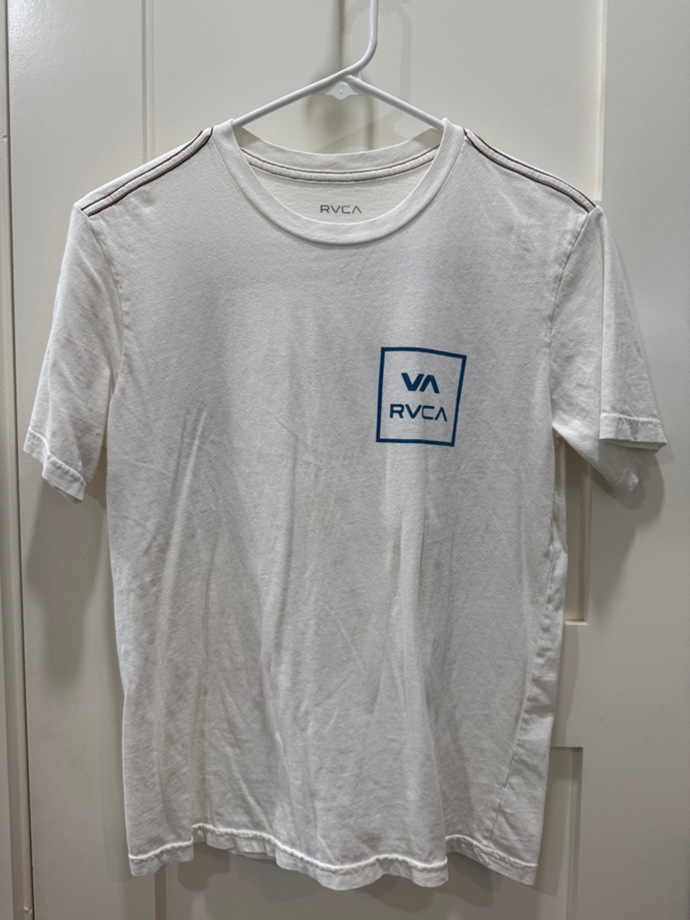 RVCA White Short Sleeve Tee with Blue Chest Logo